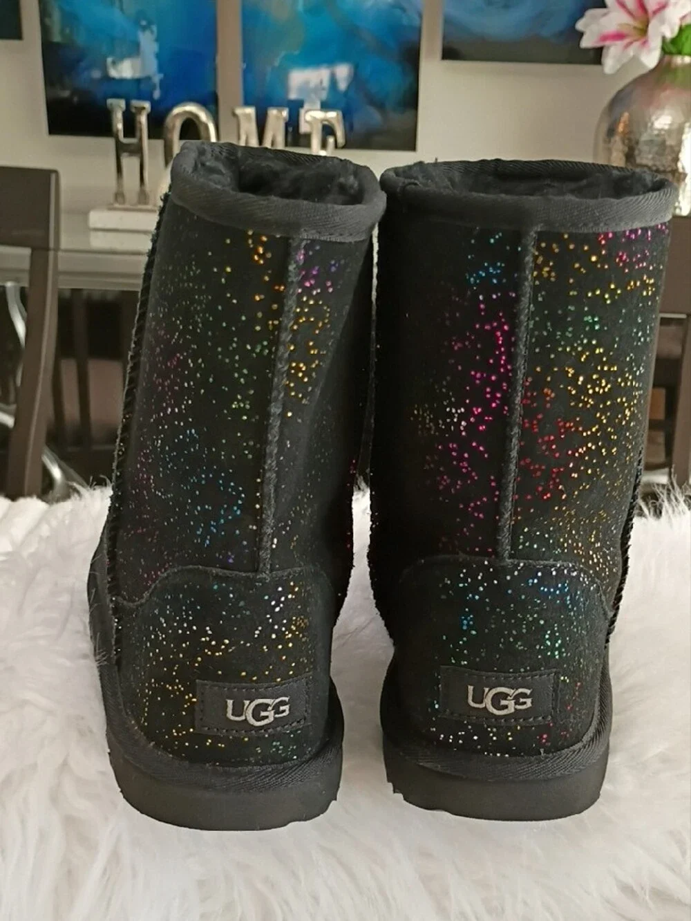 New UGG Classic II Shimmer Sky Glitter Boots in Black Rainbow Glitter